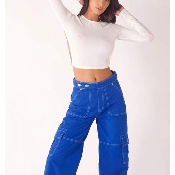 REVICE DENIM AVIATOR CARGO PANTS ELECTRIC BLUE WIDE LEG WOMEN 24 - Picture 2 of 16